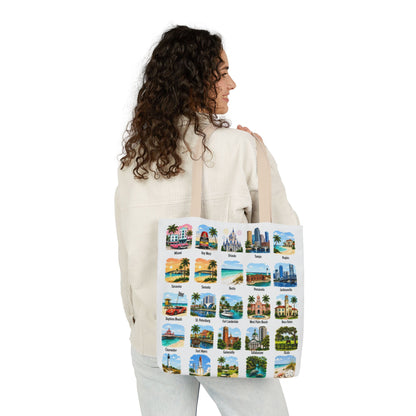 Florida City Landmark Collage Canvas Tote Bag — Vintage Travel Icons Print