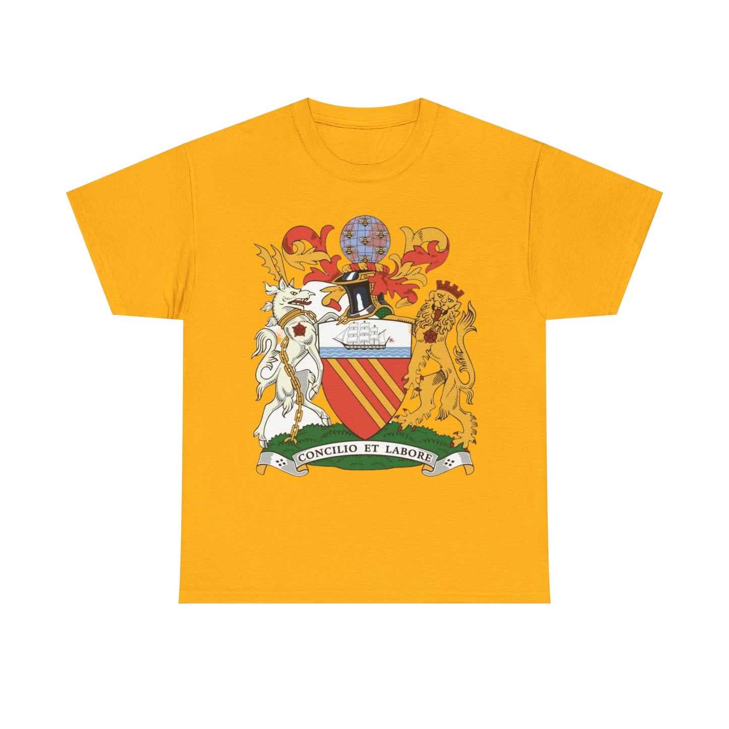 Manchester Coat of Arms Crest T‑Shirt — Heraldic Family Shield Tee with 'Concilio et Labore' Banner