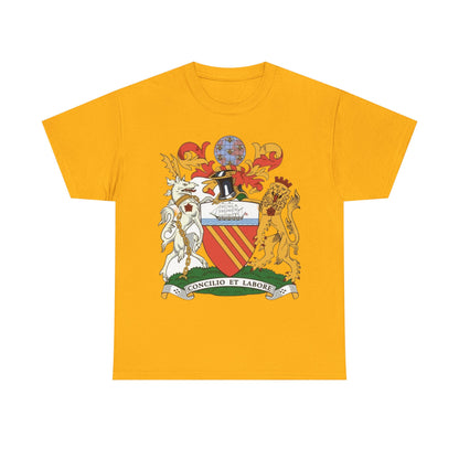 Manchester Coat of Arms Crest T‑Shirt — Heraldic Family Shield Tee with 'Concilio et Labore' Banner