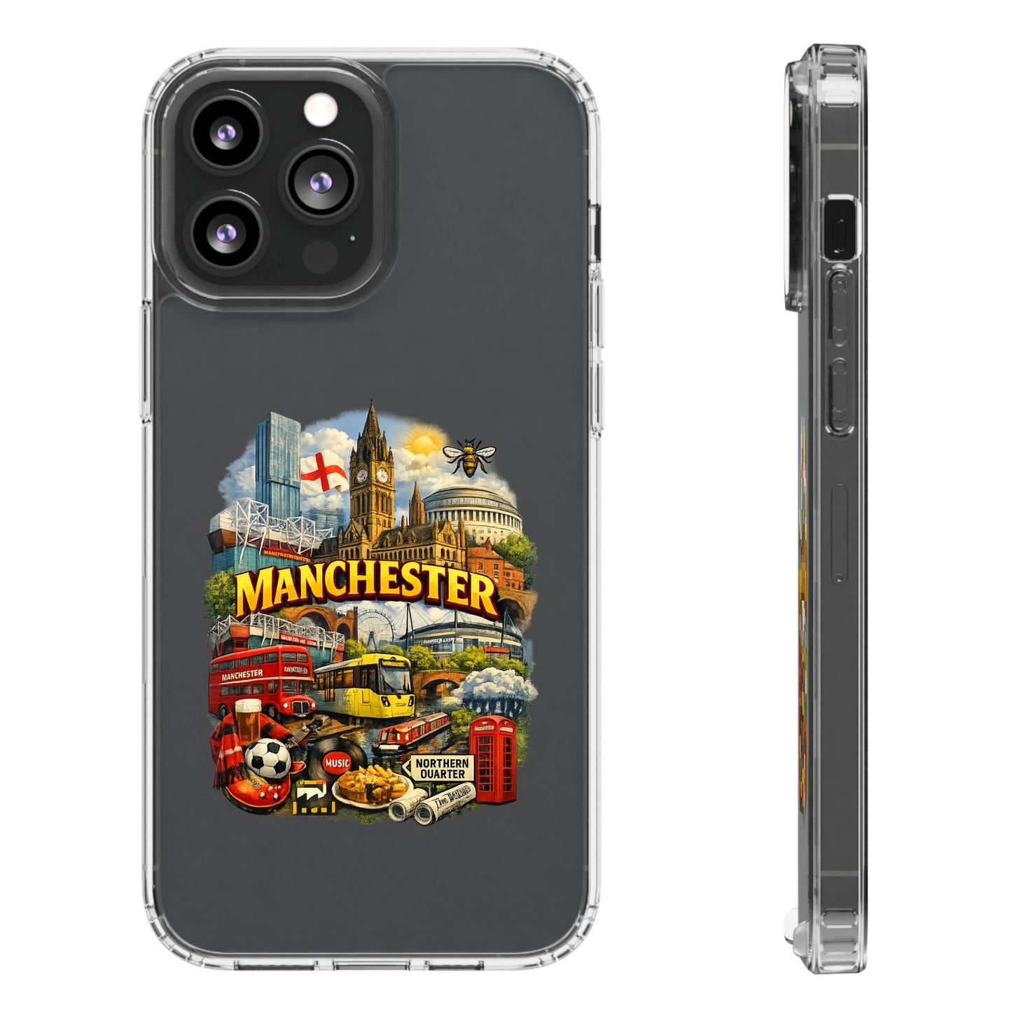 Manchester Landmark Clear Phone Case — Cityscape Collage Design