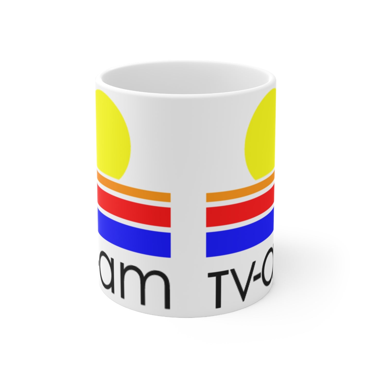 Retro Sunrise TV-AM Ceramic Mug — Vintage 80s Striped Logo Coffee Cup (11oz, 15oz)