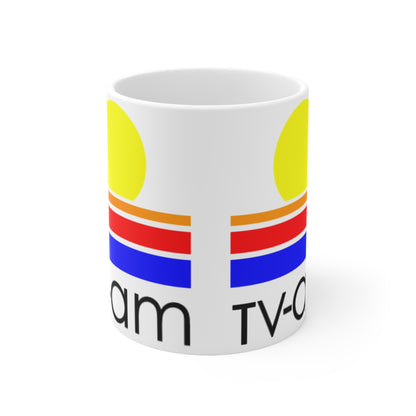 Retro Sunrise TV-AM Ceramic Mug — Vintage 80s Striped Logo Coffee Cup (11oz, 15oz)