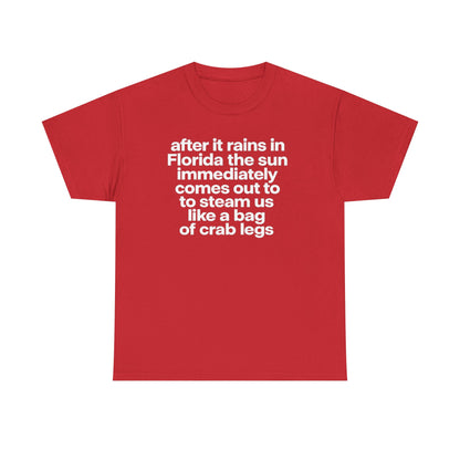 T-Shirt — "after it rains in Florida the sun immediately comes out to steam us like a bag of crab legs" Funny Florida Weather Tee