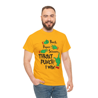 Funny Holiday Tee — "Rock. Paper. Scissors. Throat Punch! I Win" Graphic T-Shirt