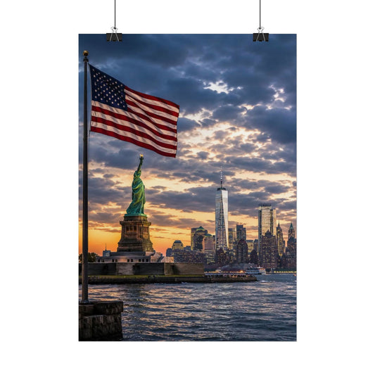 New York City Liberty Skyline Poster — Statue of Liberty & American Flag Wall Art