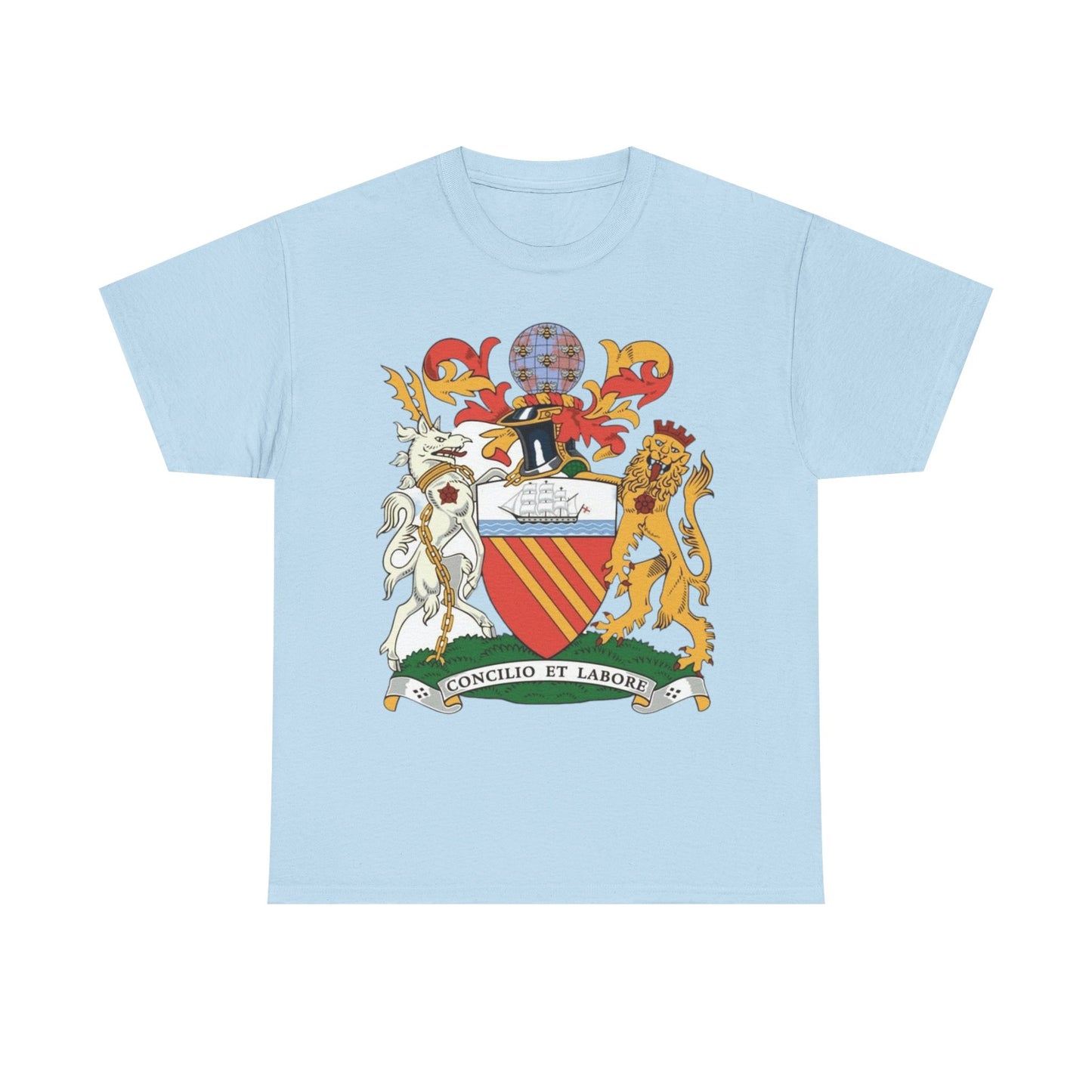Manchester Coat of Arms Crest T‑Shirt — Heraldic Family Shield Tee with 'Concilio et Labore' Banner