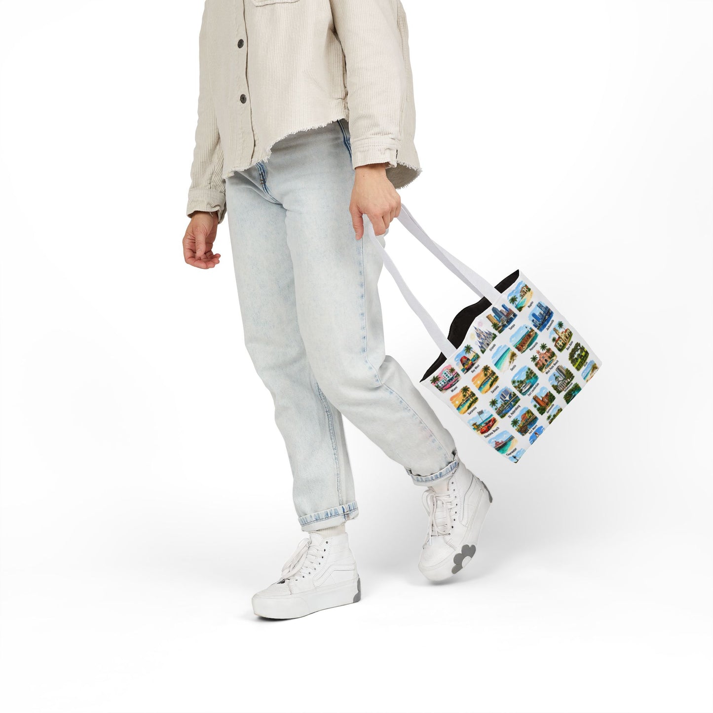 Florida City Landmark Collage Canvas Tote Bag — Vintage Travel Icons Print