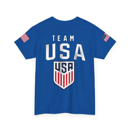 Team USA Flag T‑Shirt — Patriotic Navy Tee with Back Shield Logo