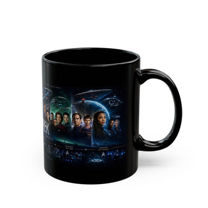 Star Trek Collage Black Mug — Sci‑Fi Crew Montage Coffee Cup (11oz/15oz)