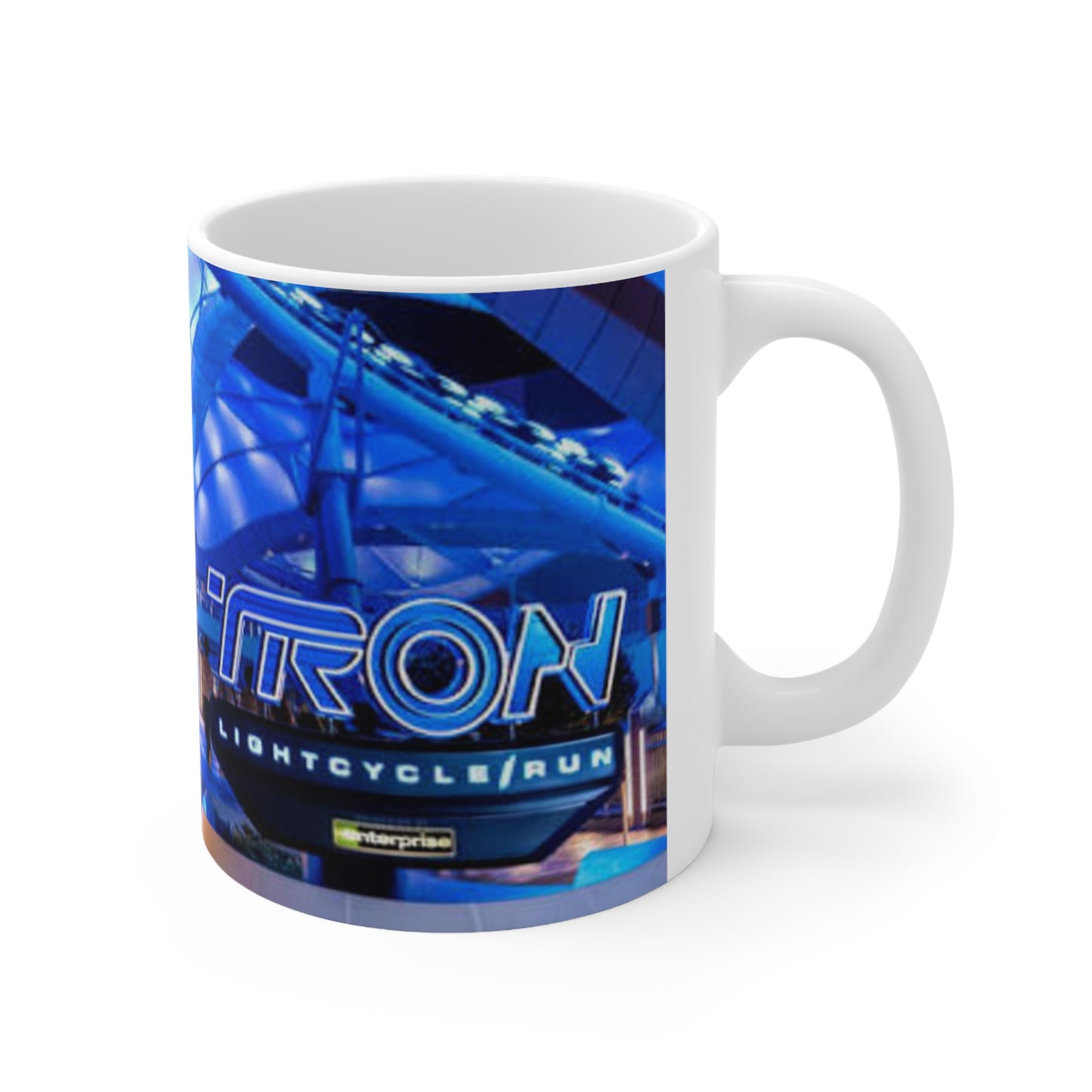 Blue Neon Cityscape Mug — Vibrant Nighttime Urban Photography Ceramic Coffee Cup (11oz & 15oz)