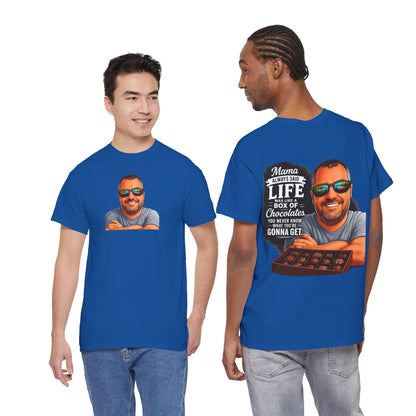 T-Shirt — "Mama Always Said Life Is Like A Box Of Chocolates" Graphic Tee (Funny Retro Portrait)
