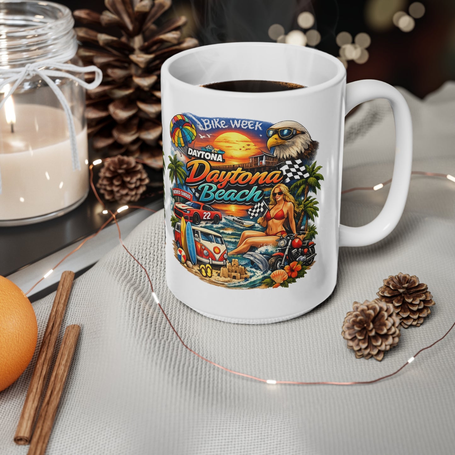 Daytona Beach Vintage Motorcycle & Surf Ceramic Coffee Mug — 11oz/15oz