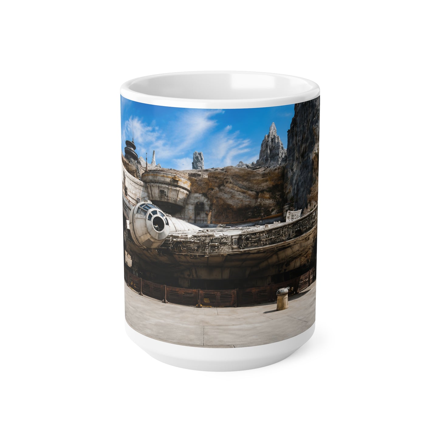 Falcon Spacecraft Ceramic Mug — Millennium-Style Starship Landscape 11oz/15oz
