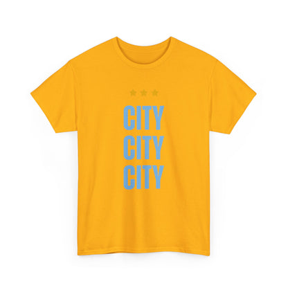 Manchester City City City Tee — Minimal Skyline Graphic T‑Shirt with Three Stars