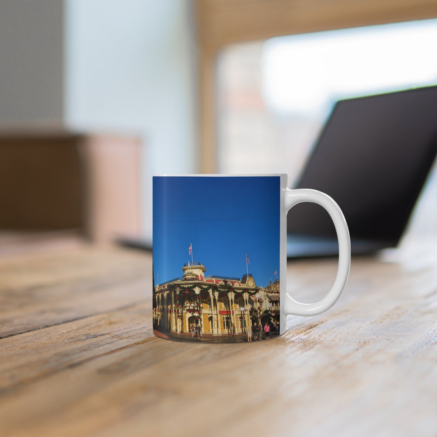 Magic Kingdom Town Square Christmas Mug — Festive Tree & Main Street Ceramic Coffee Cup (11oz, 15oz)