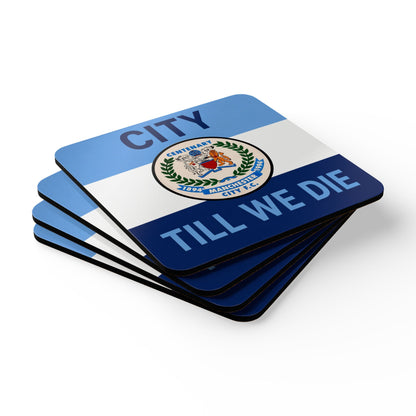 Cork Coaster Set — 'City Till We Die' Football Fan Drink Coasters (Blue Crest Design)