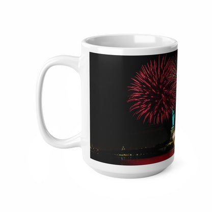 Statue of Liberty Fireworks Coffee Mug — Patriotic New York Night Skyline 11oz/15oz