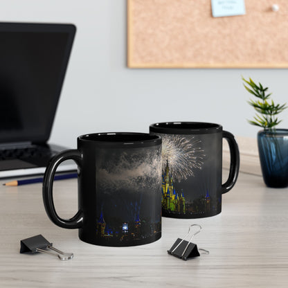 Fireworks MK Castle Black Mug — Nighttime Theme Park Coffee Cup (11oz/15oz)