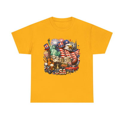 Patriotic USA Graphic Tee – American Flag, Statue of Liberty & Fireworks T-Shirt