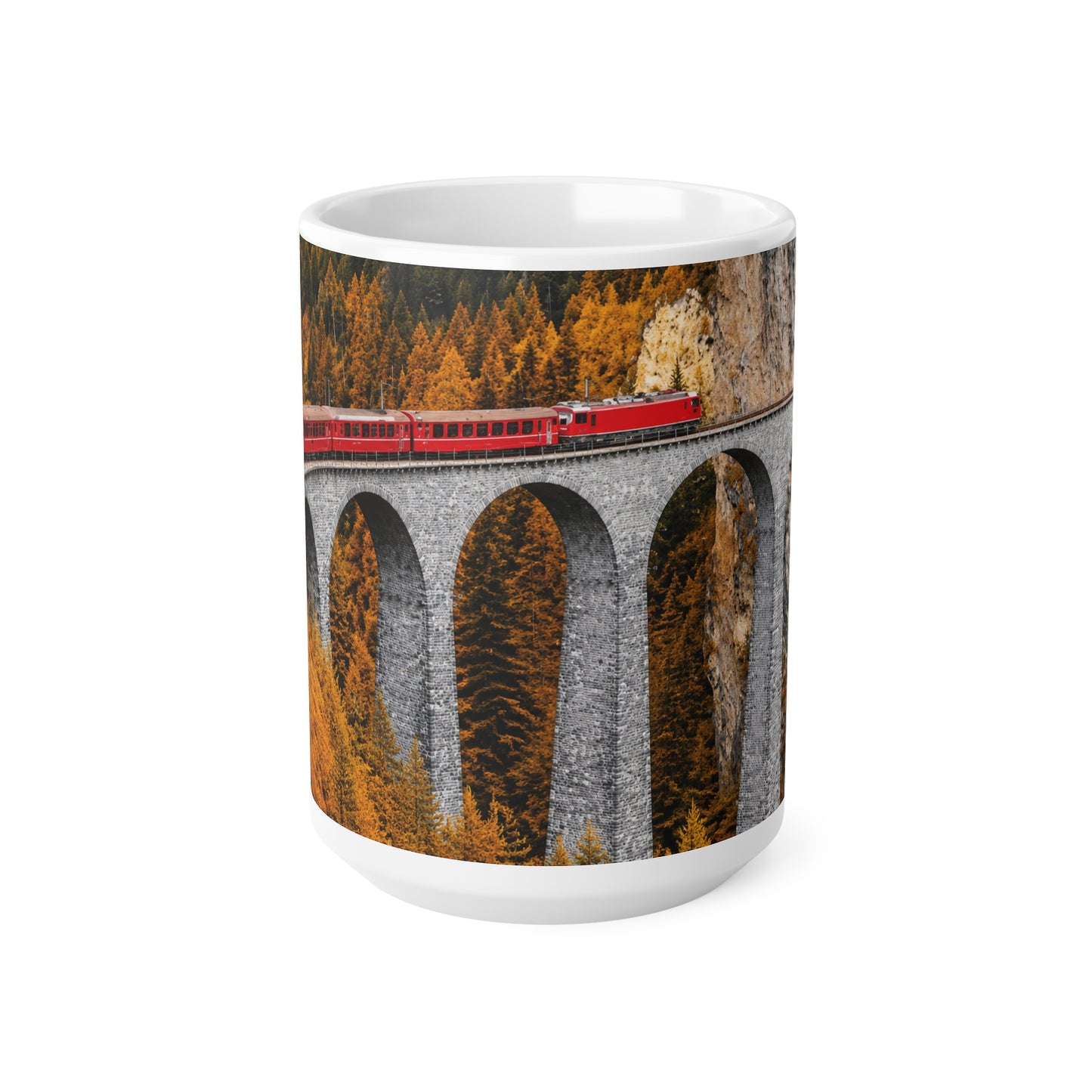 Alpine Scenic Red Train Bridge Coffee Mug – Autumn Railway 11oz & 15oz