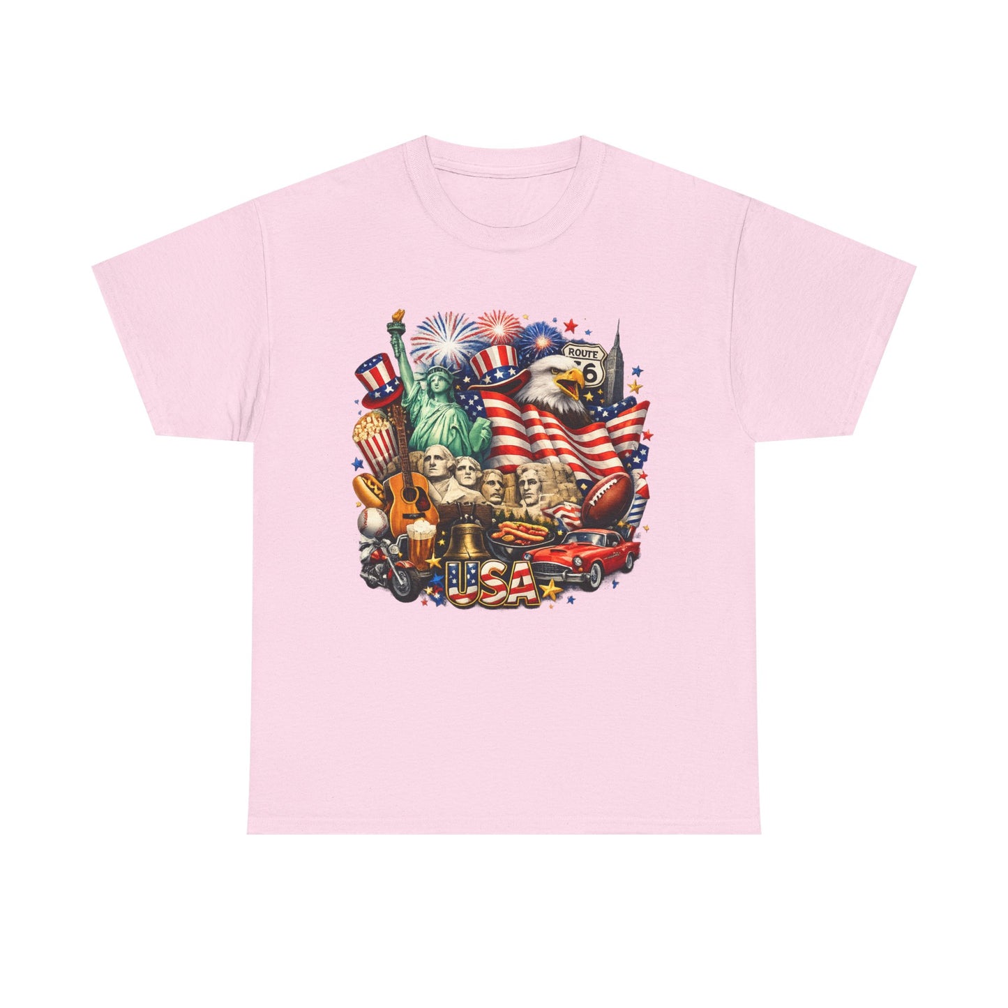 Patriotic USA Graphic Tee – American Flag, Statue of Liberty & Fireworks T-Shirt