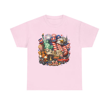 Patriotic USA Graphic Tee – American Flag, Statue of Liberty & Fireworks T-Shirt