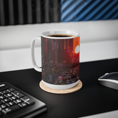 New York City Sunset Traffic Ceramic Coffee Mug — Urban Evening Skyline, 11oz & 15oz