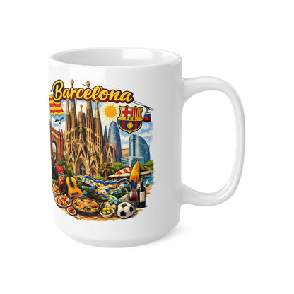 Barcelona Souvenir Mug — Ceramic Coffee Cup 11oz/15oz with Sagrada Familia, Paella & Flag Design