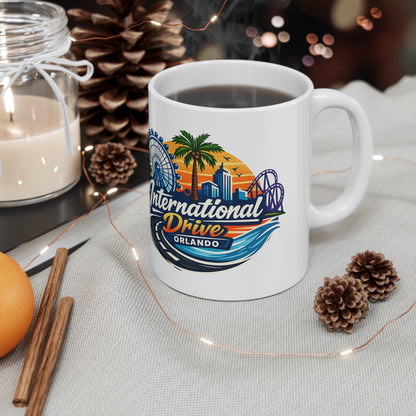 Orlando International Drive Souvenir Mug — 11oz/15oz Ceramic Coffee Cup with Ferris Wheel & Sunset Design