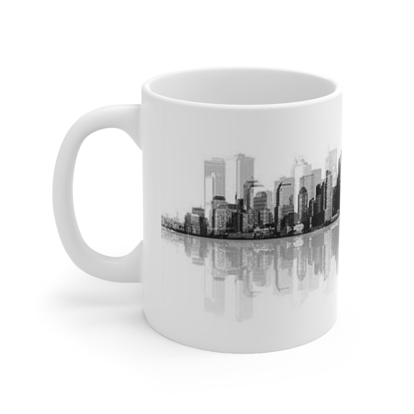 City Skyline Coffee Mug — Black & White Reflective New York Skyline, 11oz/15oz Ceramic