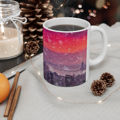 New York City Skyline Mug — Pink Sunset Snowfall Ceramic Coffee Cup (11oz & 15oz)