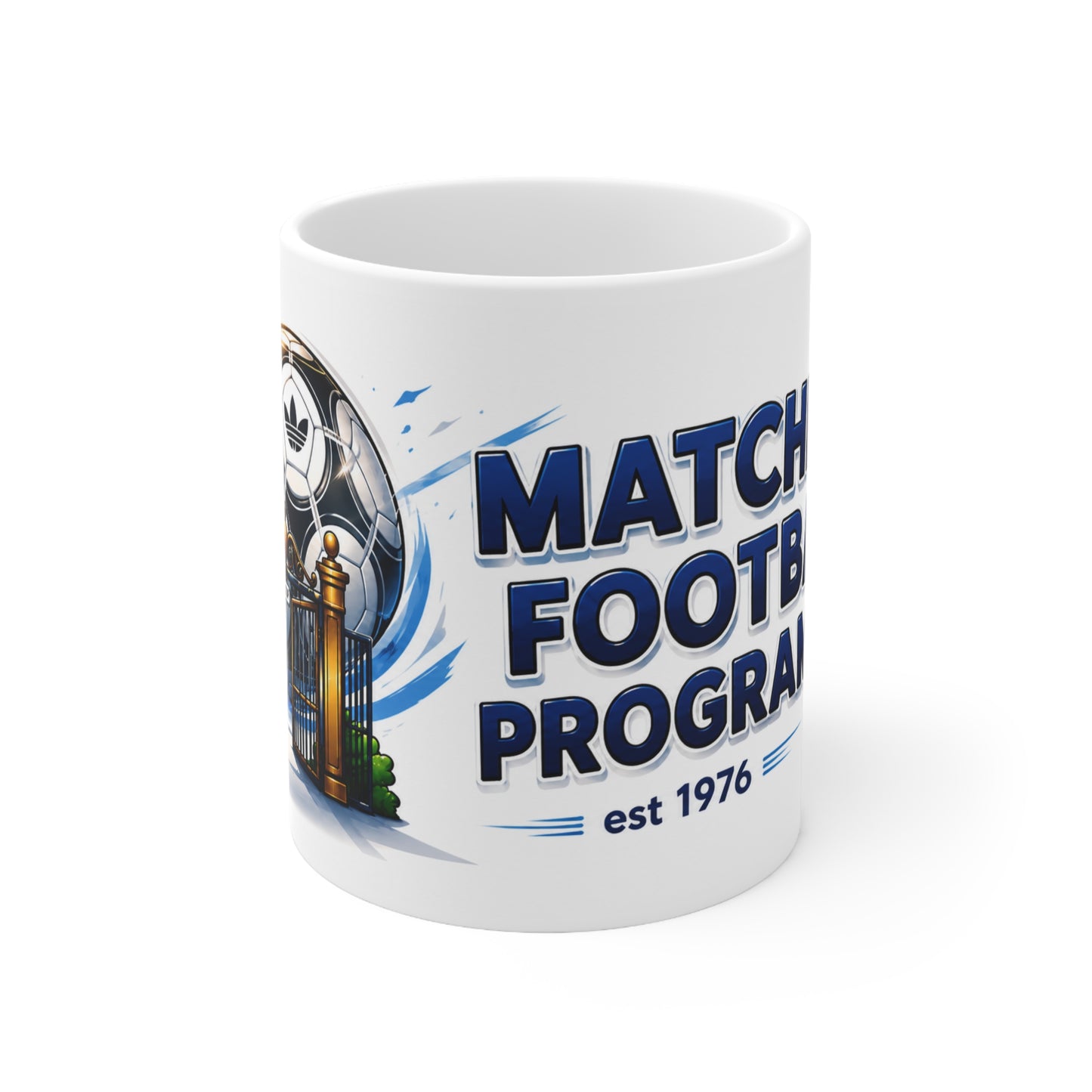 Matchday Football Programmes Mug — Retro Soccer Crest Coffee Cup (11oz & 15oz)