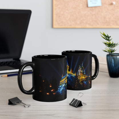 Hogwarts Night Castle Black Coffee Mug – Festive Illuminated Castle Panorama (11oz & 15oz)