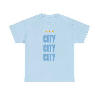 Manchester City City City Tee — Minimal Skyline Graphic T‑Shirt with Three Stars
