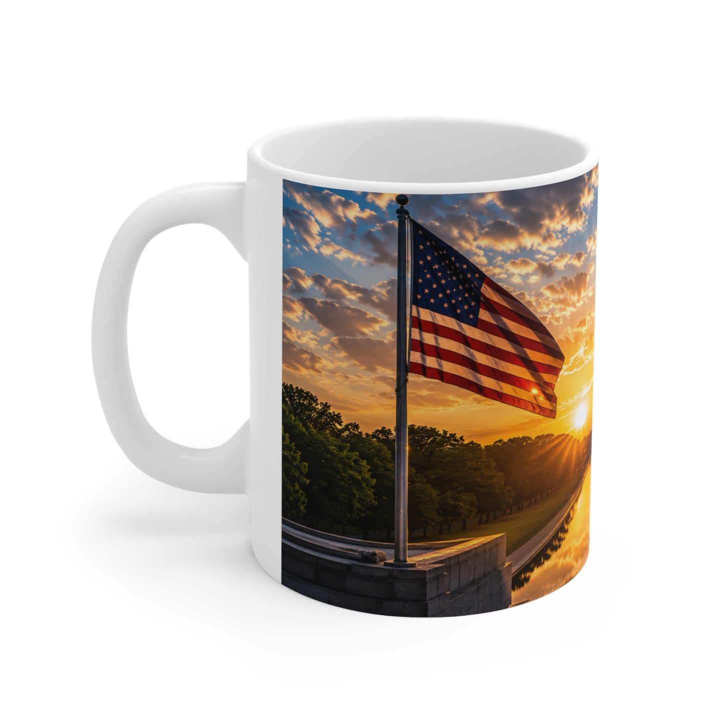 American Flag Washington Monument Sunrise Mug – Patriotic Ceramic Coffee Cup (11oz, 15oz)