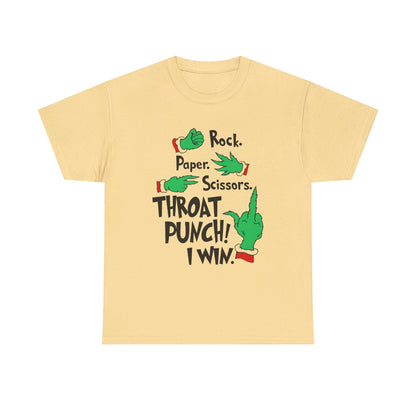 Funny Holiday Tee — "Rock. Paper. Scissors. Throat Punch! I Win" Graphic T-Shirt