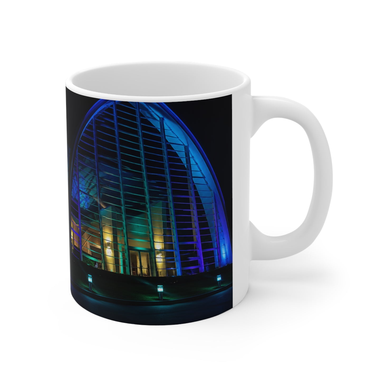 Nightlight Cityscape Mug — Neon Building Photo Ceramic Coffee Cup (11oz, 15oz)