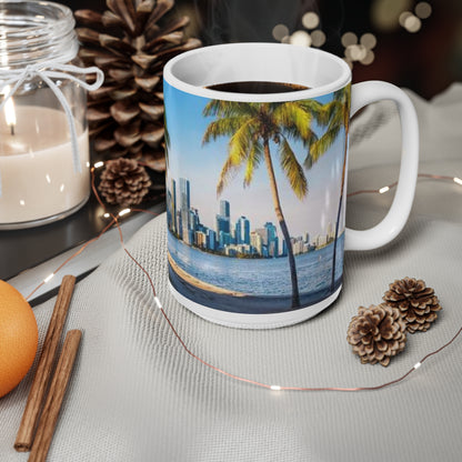 Miami Skyline Palm Tree Coffee Mug — City Waterfront Ceramic Mug (11oz & 15oz)