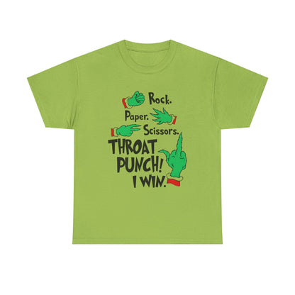 Funny Holiday Tee — "Rock. Paper. Scissors. Throat Punch! I Win" Graphic T-Shirt