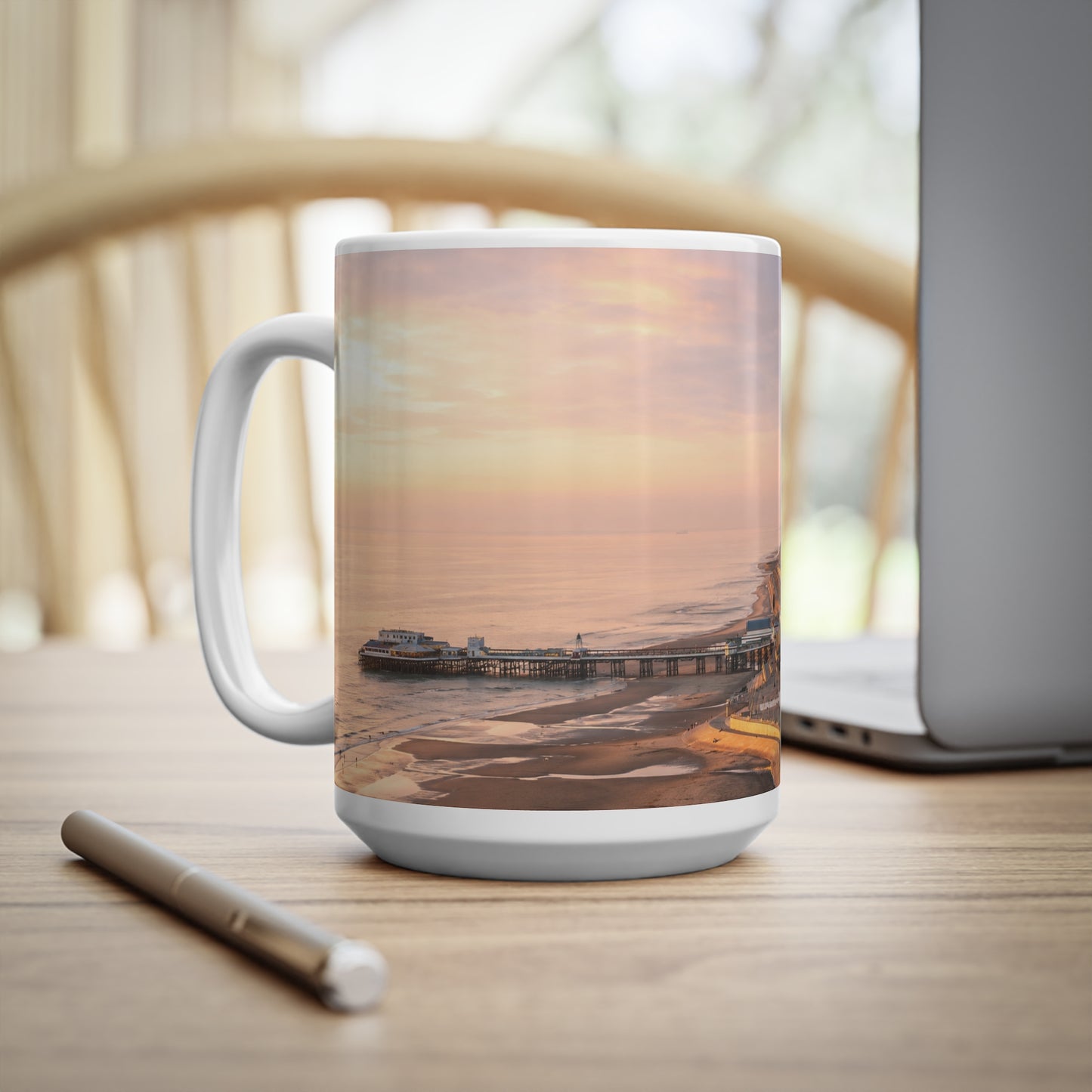 Blackpool Sunset Pier Ceramic Coffee Mug — Coastal Seaside Sunrise Photo, 11oz & 15oz