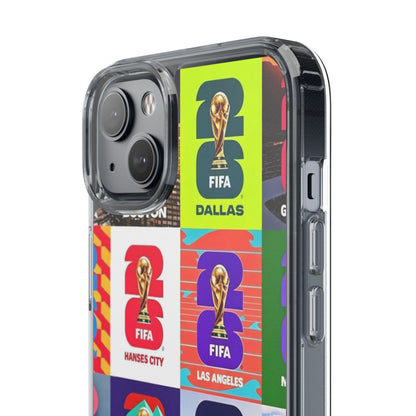 FIFA World Cup Pop Art Clear Phone Case — City Badge Collage (Dallas, LA, Monterrey, Toronto, Seattle)