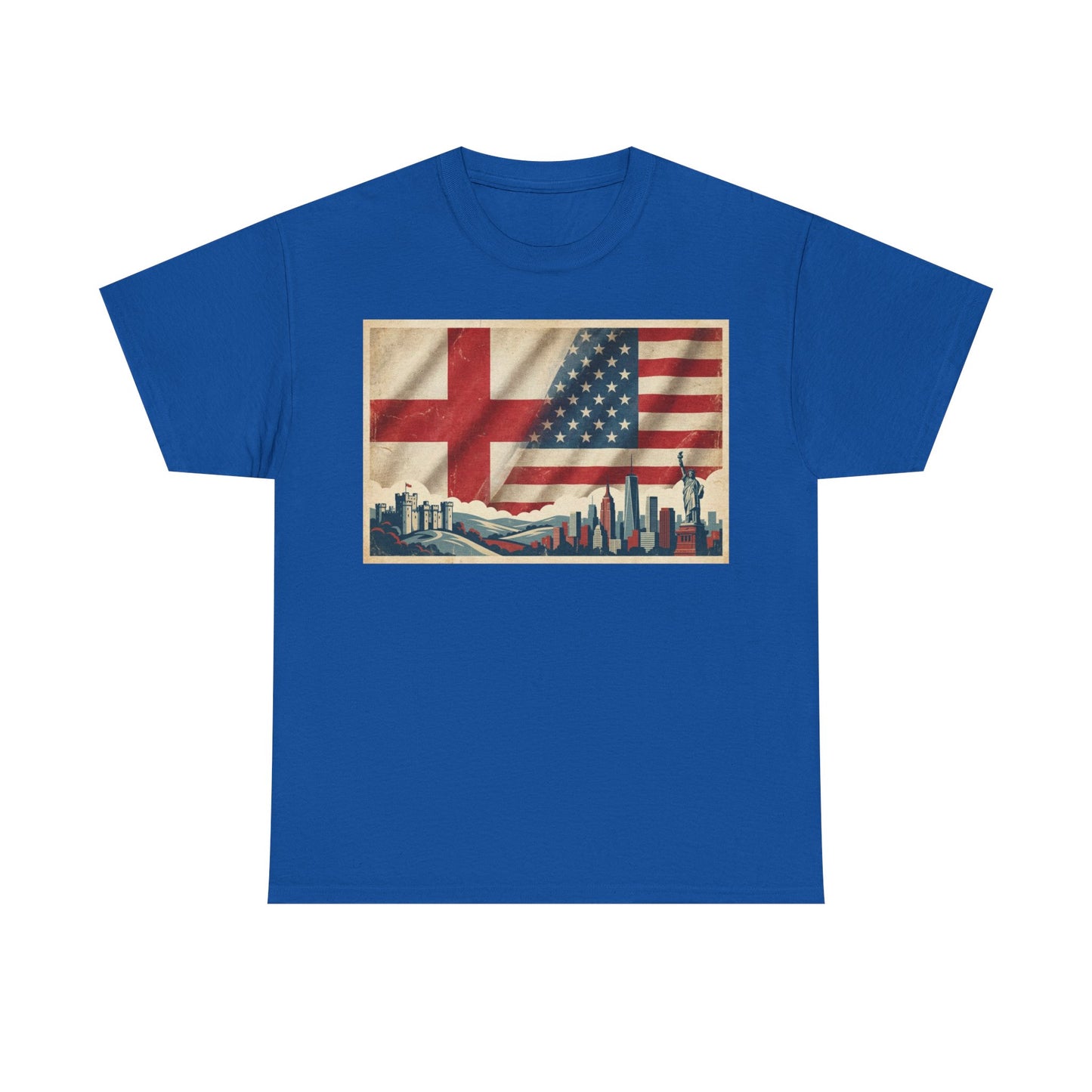 England + USA Flag Skyline T-Shirt — Vintage London & New York City Pride Tee
