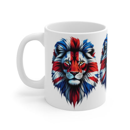Union Jack 3 Lions Mug — British Flag Ceramic Coffee Cup (11oz & 15oz)