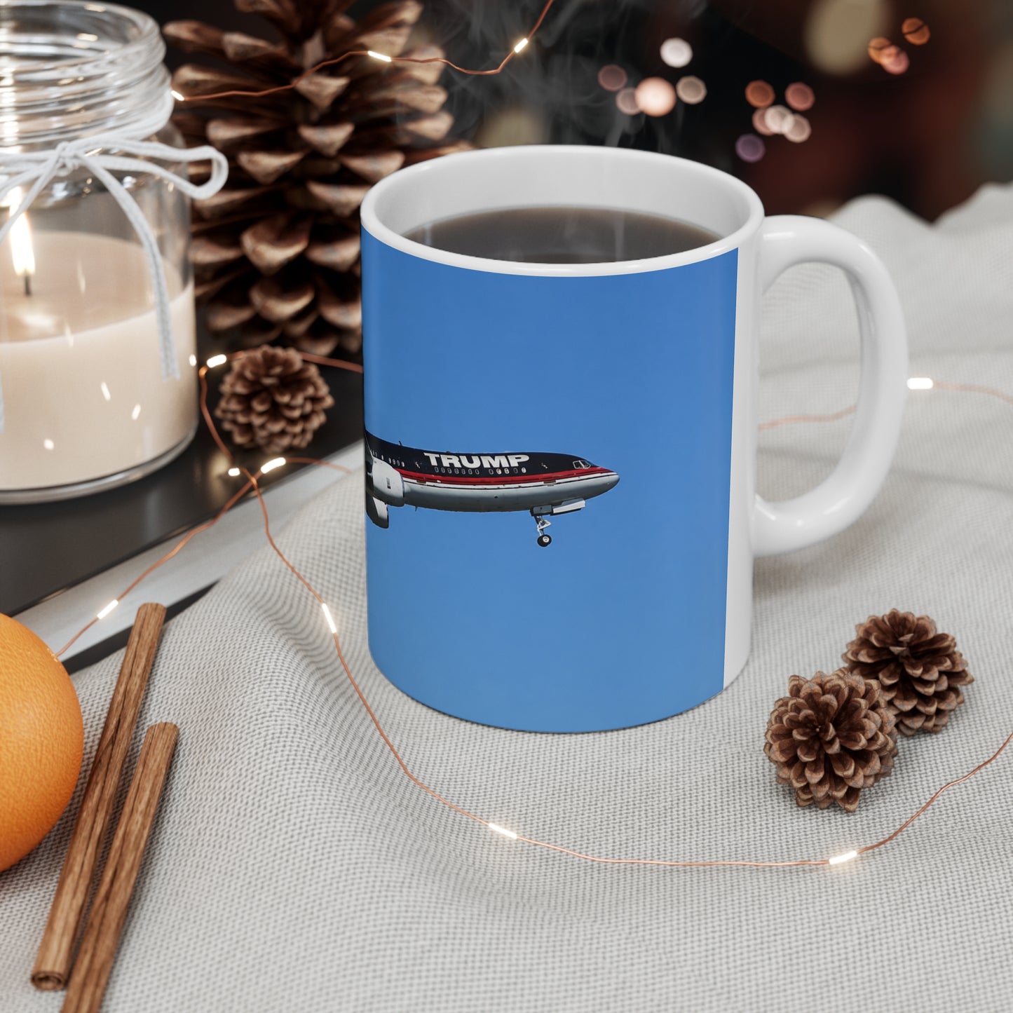 Trump Airplane Photo Ceramic Mug — Blue Sky Jet Coffee Cup (11oz & 15oz)