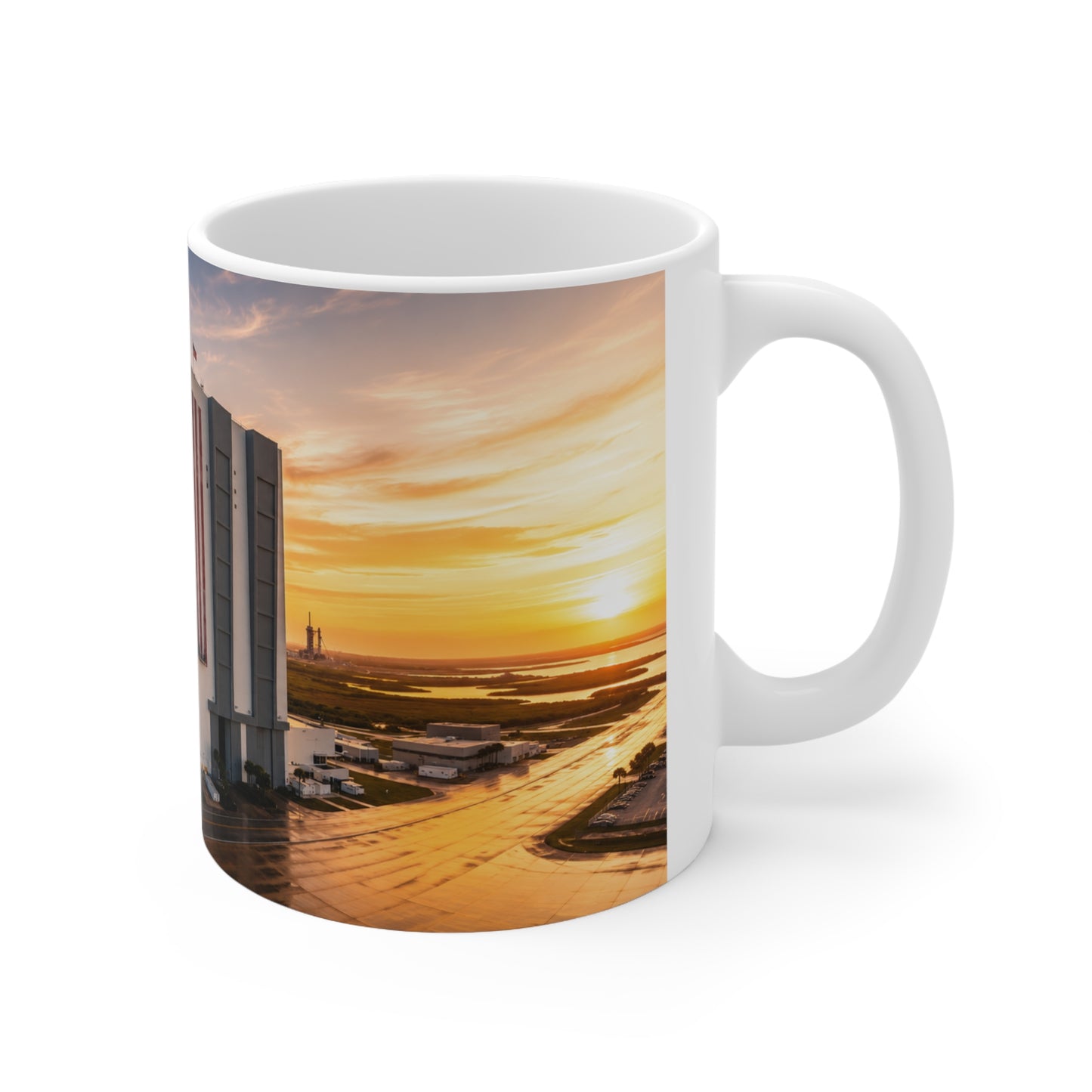 NASA Vehicle Assembly Building Sunrise Photo Mug — American Flag Ceramic Coffee Cup (11oz & 15oz)