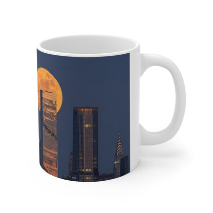 New York City Skyline Mug with Full Moon – NYC Nightscape Ceramic Coffee Cup (11oz, 15oz)