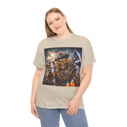 Scottish Rock Skull T‑Shirt — Eddie the Piper with Flag & Can Graphic Tee