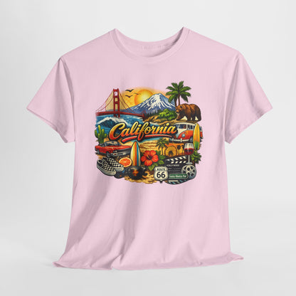 California Vintage Travel T-Shirt — Golden Gate, Palm Trees & Route 66 Tee