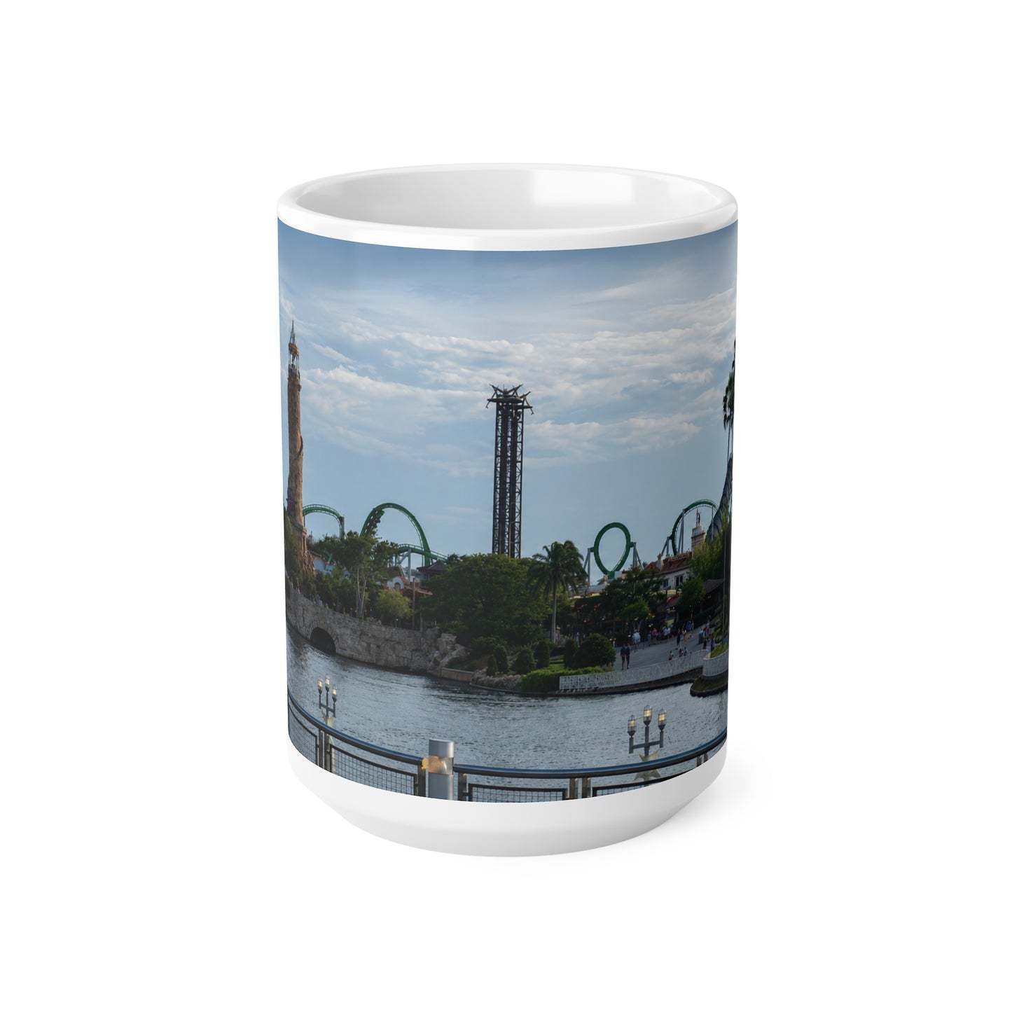 Universal IOA Theme Park Skyline Ceramic Mug — Roller Coaster Harbor Photo (11oz & 15oz)