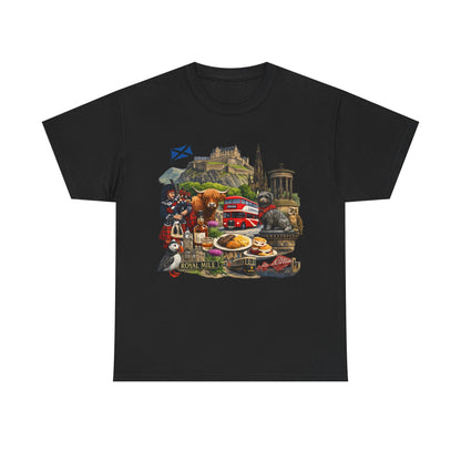 Scotland / Edinburgh Travel Collage T-Shirt — Edinburgh Castle, Bagpipes & Local Icons